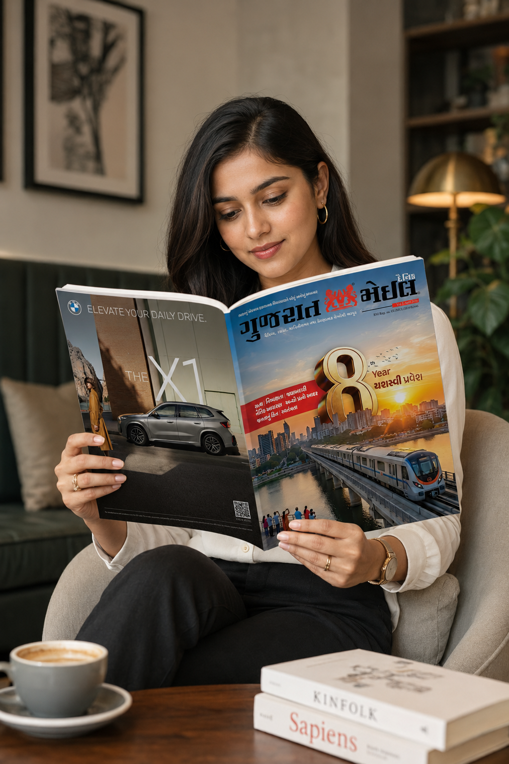 A young woman reading the latest Gujarat Mail magazine